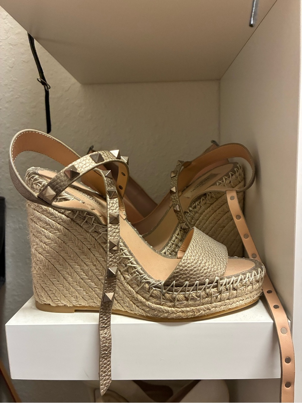 Valentino Metallic Taupe Studded Espadrille Wedge Sandals